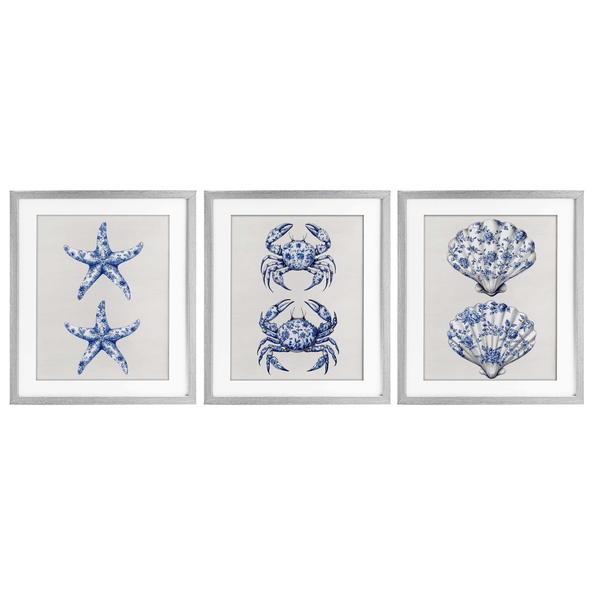 Vintage Toile Starfish & Crabs 3 Piece Gray Framed Print Under Glass Set, design by Lettered and Lined