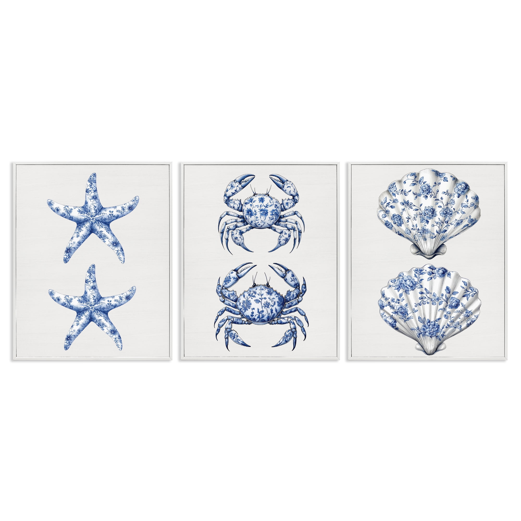 Vintage Toile Starfish & Crabs 3 Piece White Framed Giclee Art Set, design by Lettered and Lined