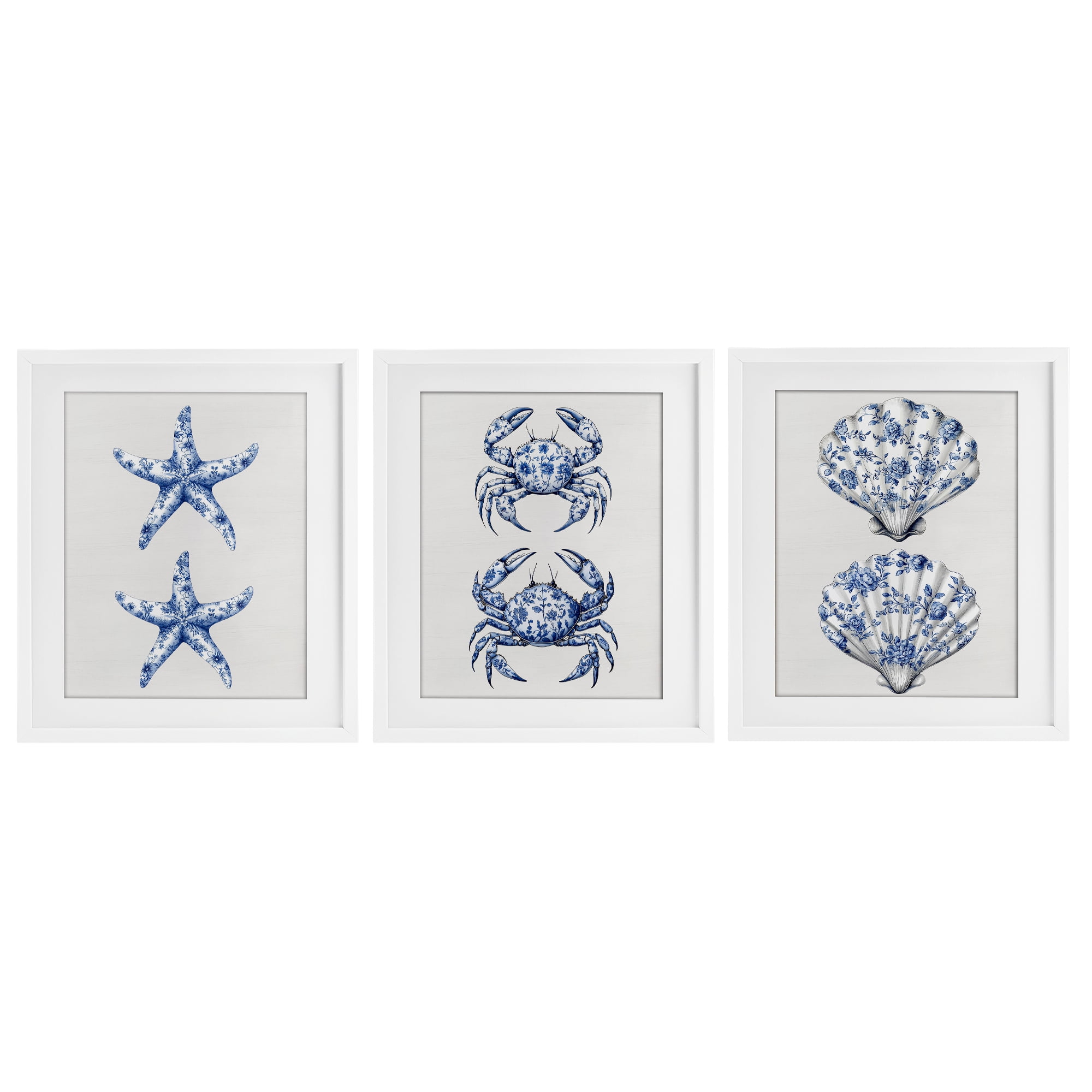 Vintage Toile Starfish & Crabs 3 Piece White Framed Print Under Glass Set, design by Lettered and Lined