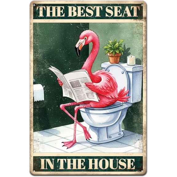 Vintage Toilet Flamingos Metal Tin Sign 12x8inch Funny Newspapers Flamingo Tin Signage Decor Signs Toilet Seats Wall Metal Plaque for Home Washroom Cafes Club Gym Shop Store Decoration