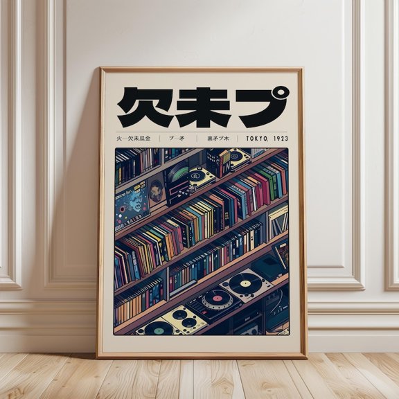 Vintage Tokyo Record Store Bookshelf Illustration Music Culture Poster 8x12 UNFRAMED