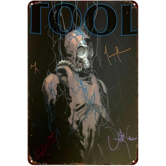 Vintage Tool Band Metal Tin Sign, Dark Gothic Gas Mask Art, 12x8 Inches, Wall Decor