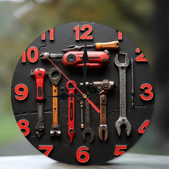 Vintage Tools Clock Wall Decor Home Workshop 10-Inch Silent Wooden Wall Clock, Battery Operated (AA Batteries Not Included), Artistic Home Decor
