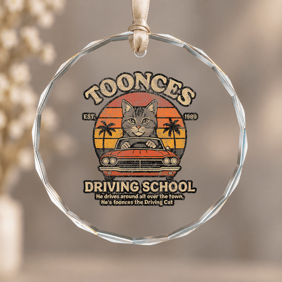 Vintage Toonces the Cat in a Cool Sunset Ride Driving School Christmas Ornament, Holiday Decor Gift, Circle Glass Ornament