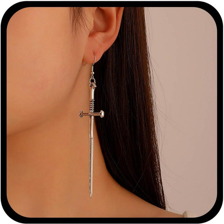 Vintage Top Cross Dagger Earrings Silver Long Tassel Crucifix Drop