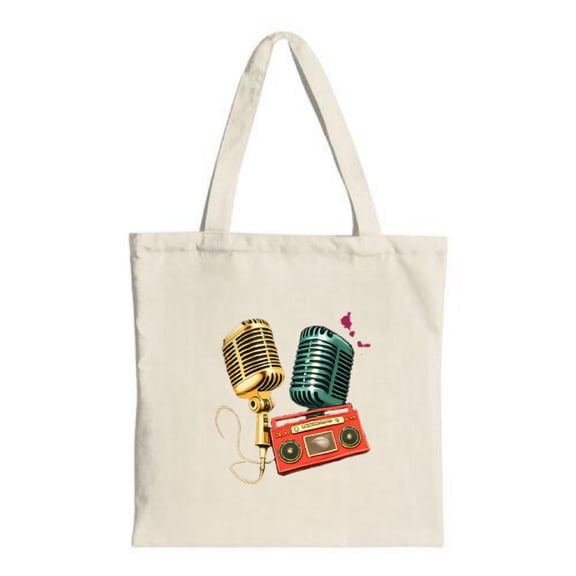 Vintage Tote Bag - Colorful yellow & teal mics on a red boombox perfect for parties travel and shopping