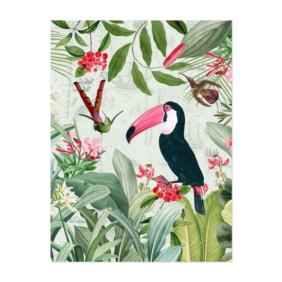 Vintage Toucan And Hummingbirds Safari Serenity - Illustration Botanical Tropical Bird Floral Wildlife Garden Unframed Wall Art Print 36 x 48 inches