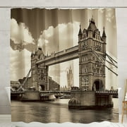 Vintage Tower Bridge London Shower Curtain Sepia Toned Panoramic Cityscape Classic Architecture Theme Elegant Vintage Photography Style
