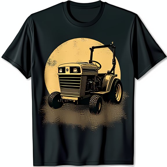 Vintage Tractor Graphic Black T-Shirt with Yellow Moon Design for Enthusiasts