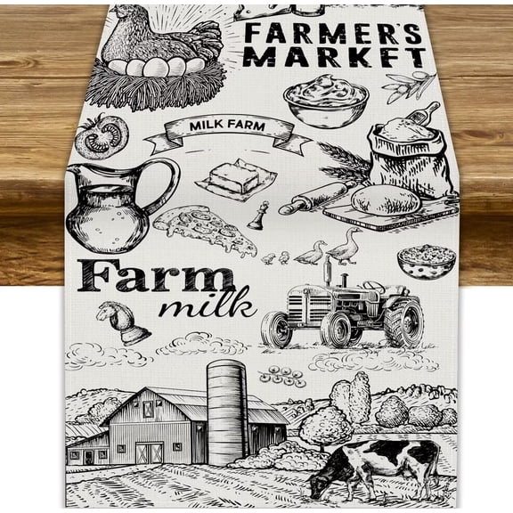 Vintage Tractor Milk Farm Table Runner Retro Western Country Farmhouse Animal Food Chicken Pumpkin Cow House Fall Kitchen Dining Table Decoration for Living Room Holiday Outdoor Home Party 13x108in