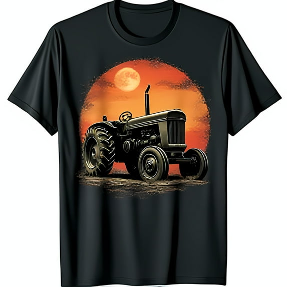 Vintage Tractor T-Shirt Stunning Sunset & Moon Design Black Tee