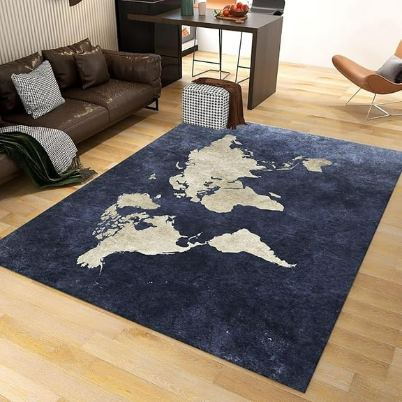 Vintage Traditional Dark Blue World Map Area Rug, Modern Geometric Modern Indoor Non-Slip Kids Rugs, Machine Washable Breathable Durable Carpet For Front Entrance Floor Decor 5 x 6ft