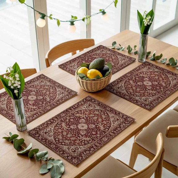 Vintage Traditional Ethnic Style Placemats Set of 4,Wipeable Washable Table Mats for Dining Tables, Retro Red Abstract Flower Place Mats for Kitchen Event Party Tabletop Decor