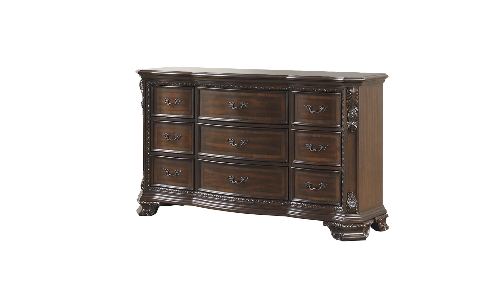 Walnut Traditional 9-Drawer Wood Dresser with Intricate Detailing