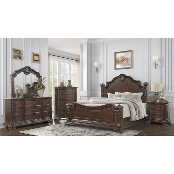 Vintage Traditional Style Queen 5PC Bedroom Set Made With Wood in Walnut