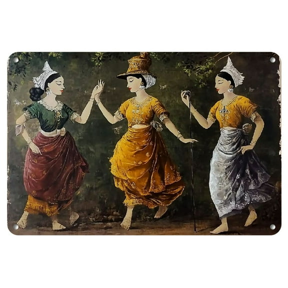 Vintage Traditional Thai Dancer Metal Wall Art, Rustic Iron Painting, Cultural Dance Decorative Mural, Weather-Resistant Indoor Outdoor Hanging Artwork, 8x12 inches - Set of 1