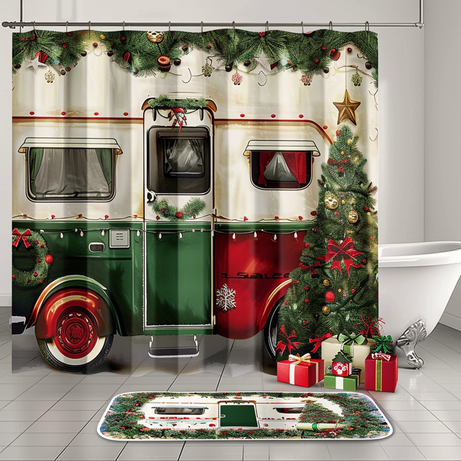 Vintage Trailer Christmas Shower Curtain with Red and Green Decor Truck