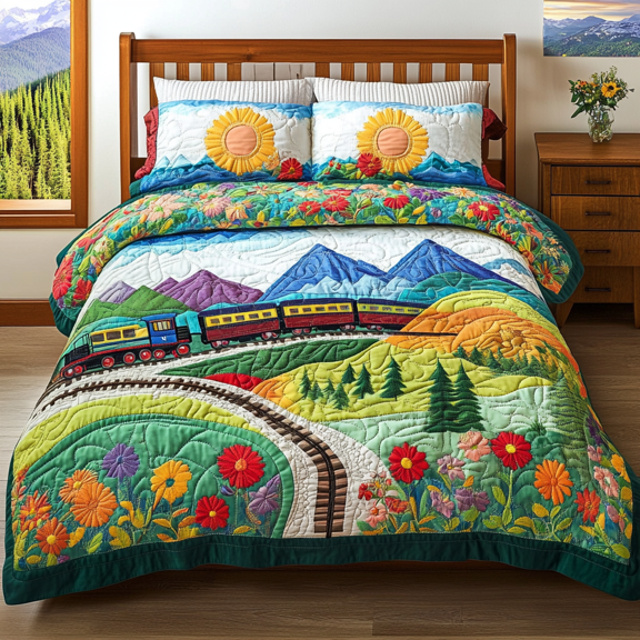Vintage Train 3-Piece Quilted Bedding Set