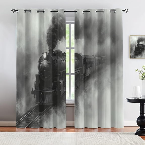 Vintage Train Blackout Curtains, Steam Train Curtains For Bedroom, Gray Locomotive Window Treatments, Room Darkening Grommet Drapes For Living Room 52"W x 96"L (Pack of 2)