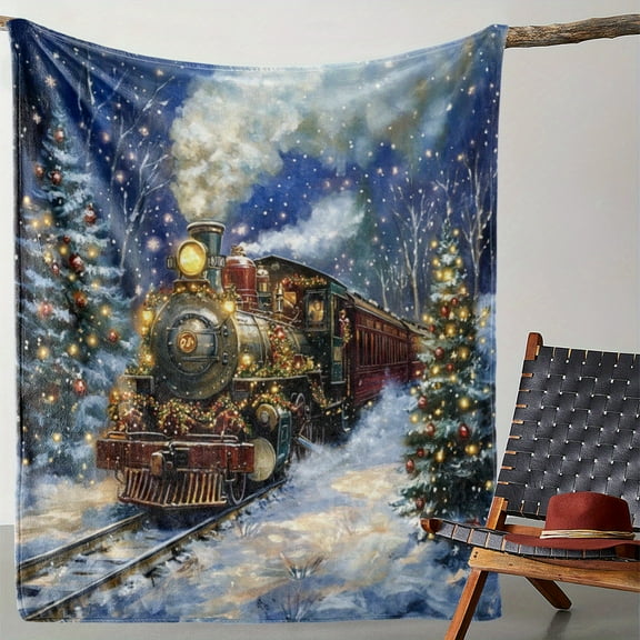 Vintage Train and Christmas Tree Print Flannel Throw Blanket, Soft Cozy Warm Digital Printed All-Season Polyester Bedding for Sofa, Bed, Office, Camping, Travel