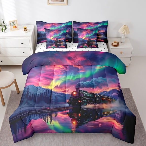Vintage Train Comforter Set Colorful Starry Sky 7 Pieces Bedding Set Chil Train Transport Steam Engine Retro Twin Bed In A Bag,Rail Vehicles Fitted Sheet Rustic Scenery Comforter