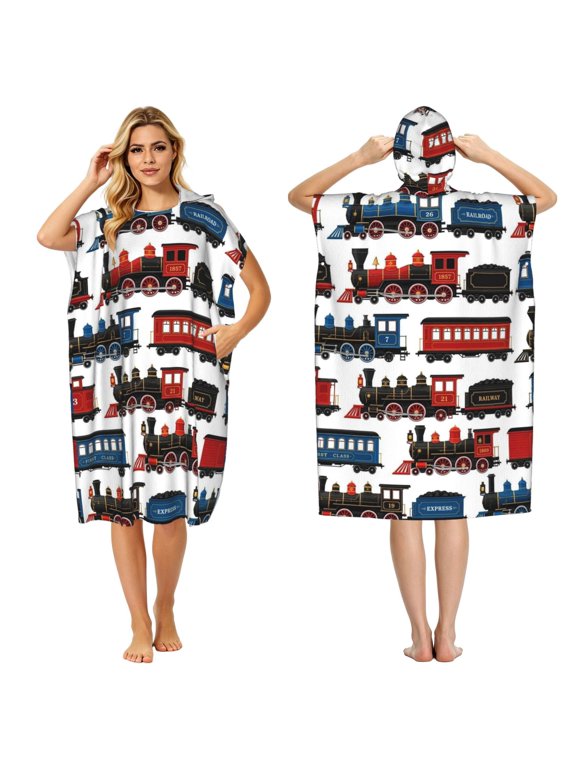 Vintage Train Engine Pattern Adult Hooded Beach Towel Changing Robe, Surf Poncho Towel for Surfing, Swimming, Camping