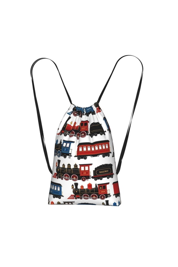 Vintage Train Engine Pattern Packable Drawstring Backpack, Lightweight Foldable Cinch Storage Bag for Gym Travel Shopping