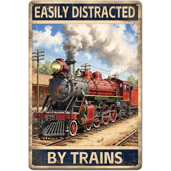 Vintage Train Metal Tin Sign 12x8inch Easily Distracted by Trains Tin Signage Decor Signs Retro Train Tracks Wall Metal Plaque for Home Living Room Man Cave Club Garden Decoration