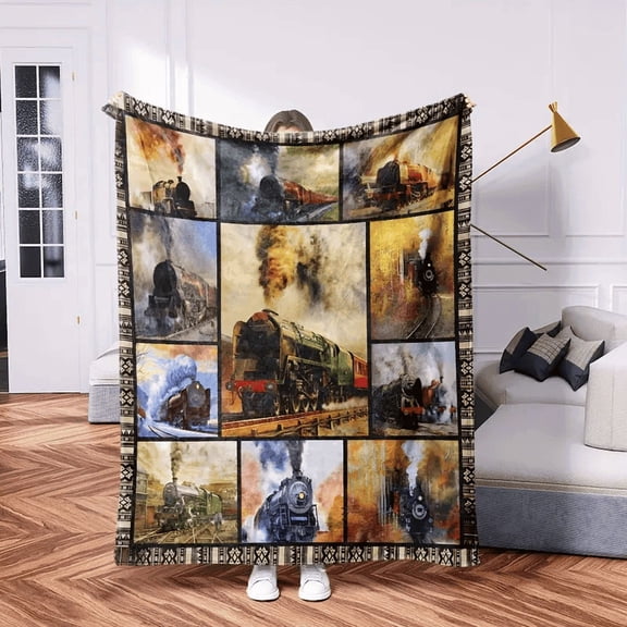 Vintage Train Printed Blanket, Railway Locomotive Theme Throw for Bed Couch Sofa, Multi-Purpose Travel Camping Office Use, Gift Idea for Train Lovers