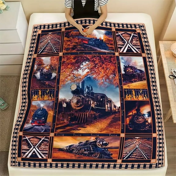 Vintage Train Printed Blanket, Railway Locomotive Theme Throw for Sofa Couch Bed, Cozy Nap and Lunch Break Cover, Unique Gift Idea for Train Lovers