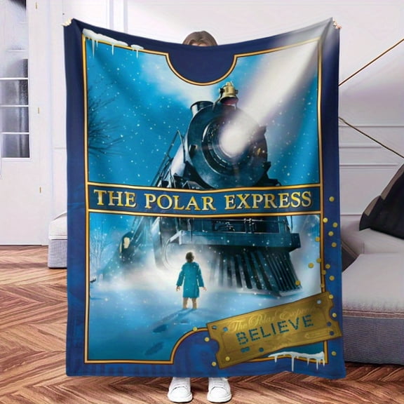 Vintage Train & Snowy Night Flannel Blanket - Soft All-Season Throw for Christmas Halloween Thanksgiving - Cozy Polar Express Print Holiday Gift