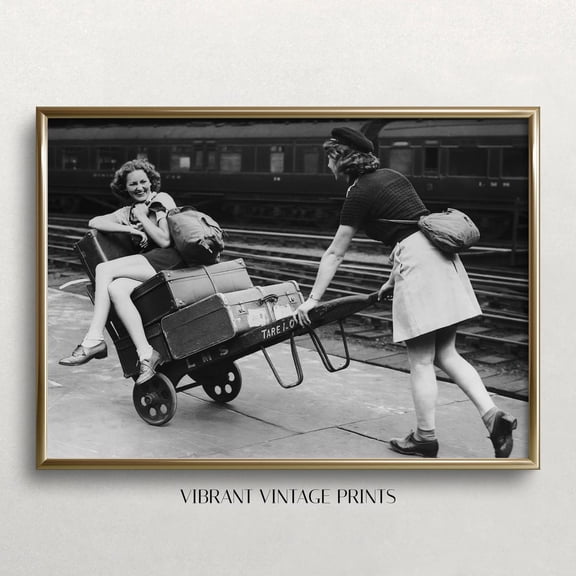 Vintage Train Station Art: Women With Luggage Cart UNFRAMED PAPER POSTER, Home Decor