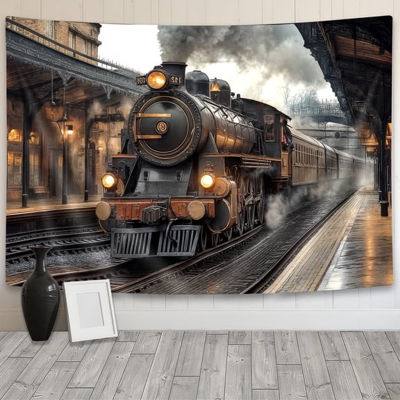 Vintage Train Station Tapestry, Old Fashioned Steam Train Western Locomotive Tapestries Decor, Wild West Cowboys Art Wall Tapestries Hanging for Bedroom Living Room Dorm Beach Blanket,60X50In