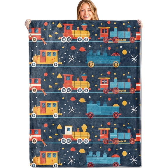 Vintage Train Throw Blanket - 40x50in,Ultra Soft, Cozy Lightweight Flannel,Railroad Print Retro Dark Blue Blankets - Gifts for Kids Boys,for Couch Travel,Home Living Room Decor