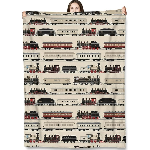 Vintage Train Throw Blanket Gifts for Adults Kids, Steam Locomotive Railway Blankets for Living Room Bedroom Decor, Fuzzy Warm Flannel Plush 60x50