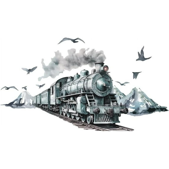 Vintage Train Wall Sticker Mountain Birds Wall Decal Watercolour Train Blue Wall Stickers Removable Wall Art Murals for Living Room Bedroom Playroom Nursery Kid's Room Wall Decoration