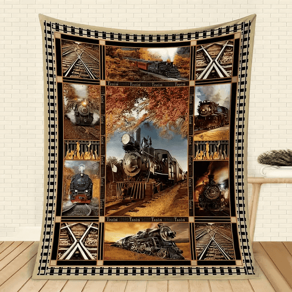 Vintage Train World Printed Blanket, All Over Railway Locomotive Theme Throw for Bed Couch Sofa, Cozy Travel Camping Cover, Unique Gift Idea for Train Lovers