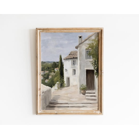 Vintage Tranquil Tuscan Village Street Neutral Stone House Wall, Unframed Poster