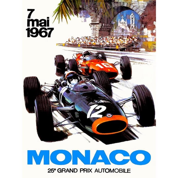 Vintage Transport Monaco 25 Grand Prix Automobile 1967 Race Art Print Poster Wall Decor 12X16 Inch