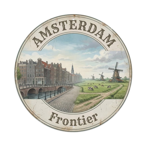 Vintage Travel Amsterdam Netherlands Border Vintage Metal Tin Sign Plaque Wall Decor for Cafe, Club, Garden Round Metal Poster 8x8Inch