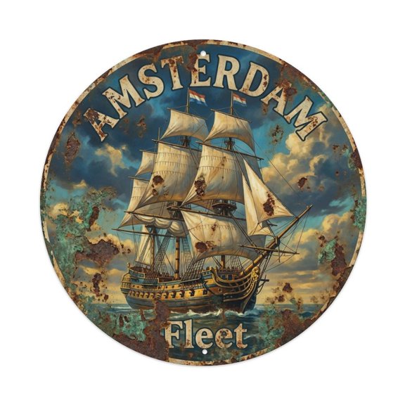 Vintage Travel Amsterdam Netherlands Ship Vintage Metal Tin Sign Plaque Wall Decor for Cafe, Club, Garden Round Metal Poster 8x8Inch