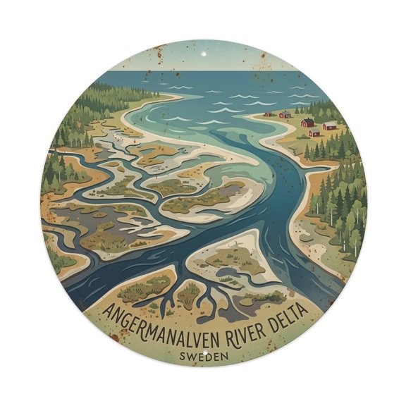 Vintage Travel Angermanalven Sweden Delta Vintage Metal Tin Sign Plaque Wall Decor for Cafe, Club, Garden Round Metal Poster 8x8Inch