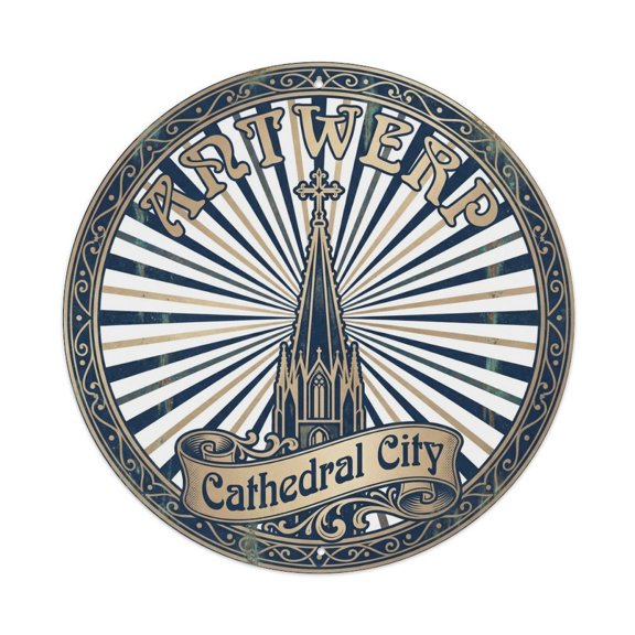 Vintage Travel Antwerp Belgium Artwork Vintage Metal Tin Sign Plaque Wall Decor for Cafe, Club, Garden Round Metal Poster 8x8Inch