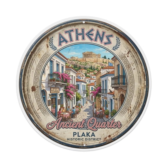 Vintage Travel Athens Plaka District Vintage Metal Tin Sign Plaque Wall Decor for Cafe, Club, Garden Round Metal Poster 8x8Inch