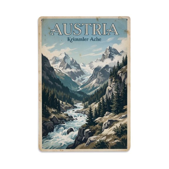 Vintage Travel Austria Krimmler River Valley Vintage Metal Tin Sign Plaque Wall Decor for Cafe, Club, Garden Metal Poster 8x12Inch