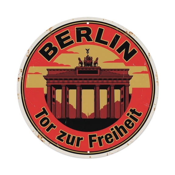 Vintage Travel Berlin Brandenburg Gate 1 Vintage Metal Tin Sign Plaque Wall Decor for Cafe, Club, Garden Round Metal Poster 8x8Inch