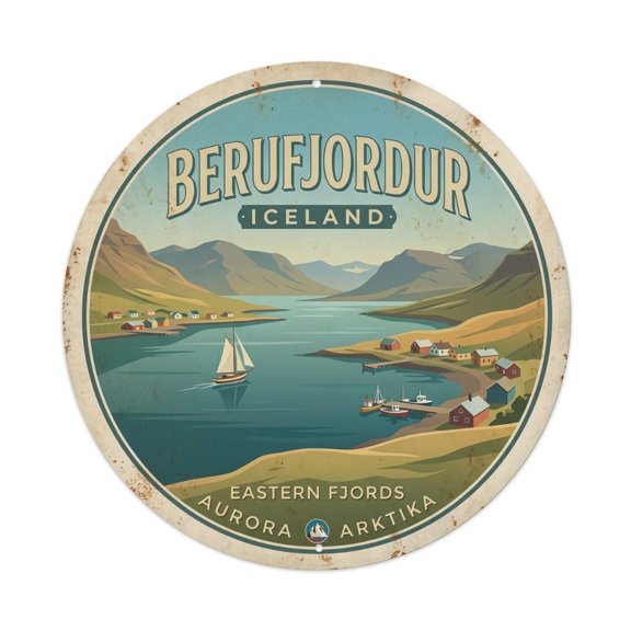 Vintage Travel Berufjordur Iceland Eastern Vintage Metal Tin Sign Plaque Wall Decor for Cafe, Club, Garden Round Metal Poster 8x8Inch