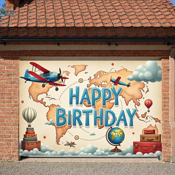 Vintage  Travel Birthday Banner World Map Design Adventure Party Display Airplane Pattern Hot Air Balloon Explorer Backdrop for Birthday Party Travel Theme Party Kids Birthday