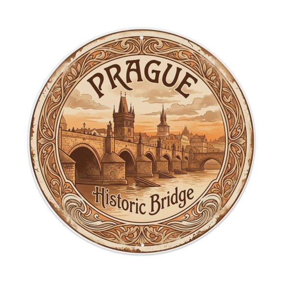 Vintage Travel Bridge Prague Historic Vintage Metal Tin Sign Plaque Wall Decor for Cafe, Club, Garden Round Metal Poster 8x8Inch