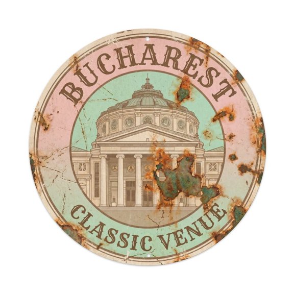 Vintage Travel Bucharest Athenaeum Classic 1 Vintage Metal Tin Sign Plaque Wall Decor for Cafe, Club, Garden Round Metal Poster 8x8Inch